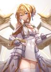  1girl armor azur_lane blonde_hair blue_eyes breasts cleavage covered_navel cowboy_shot dress faulds gauntlets gold_trim grin highres holding jeanne_d&#039;arc_(azur_lane) long_hair looking_at_viewer medium_breasts rapier short_dress shoulder_cutout smile solo standing sword thighhighs tied_hair weapon white_dress white_legwear wings yu_ni_t zettai_ryouiki 