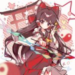  1girl absurdres ascot between_fingers bow brown_eyes brown_hair chinese_commentary commentary_request detached_sleeves frilled_bow frilled_hair_tubes frilled_skirt frills gohei hair_bow hair_tubes hakurei_reimu highres holding holding_gohei holding_ofuda long_hair ofuda ofuda_between_fingers orb red_bow red_skirt ribbon-trimmed_sleeves ribbon_trim shanguang_san_he_yi_xiao_ci_guai skirt skirt_set solo torii touhou yellow_ascot yin_yang yin_yang_orb 