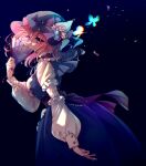  1girl adapted_costume black_hat blue_butterfly blue_flower blue_kimono breasts bug butterfly commentary_request fan_over_face flower folding_fan frilled_kimono frills hand_fan hat hat_flower highres hitodama holding holding_fan japanese_clothes kimono large_breasts long_sleeves medium_hair mob_cap pink_eyes pink_flower pink_hair saigyouji_yuyuko sleeve_garter solo tami_(joemanyodw) touhou triangular_headpiece yellow_flower 