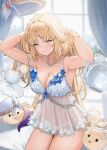  1girl armpits ayul_(ayulneri_92) bead_necklace beads blonde_hair blue_eyes blush breasts cleavage closed_mouth commentary_request cup curtains dodoco_(genshin_impact) genshin_impact highres indoors jewelry lingerie long_hair medium_breasts necklace nicole_reeyn pointy_ears seelie_(genshin_impact) sitting smile solo teacup underwear window 