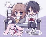  1boy 1girl :< :| absurdres aqua_eyes black_eyes black_hair black_pants black_pantyhose blush_stickers brother_and_sister brown_hair chibi chibi_only closed_mouth collared_shirt commentary_request controller couch eyepatch eyes_visible_through_hair frown full_body game_controller grey_background grey_skirt hair_between_eyes hair_ornament hairclip highres holding holding_controller holding_game_controller jitome knees_together_feet_apart long_hair_between_eyes looking_at_viewer mamiya_hasaki medical_eyepatch medium_hair miniskirt mofukoke no_shoes on_couch outline pants pantyhose parallel_hairclips pillow plaid_clothes plaid_skirt pleated_skirt puff_of_air shirt short_sleeves siblings simple_background sitting skirt stuffed_animal stuffed_rabbit stuffed_toy subarashiki_hibi sweater_vest v-shaped_eyebrows white_outline white_shirt yellow_sweater_vest yuuki_tomosane 