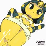  1:1 animal_crossing ankha_(animal_crossing) anthro bodily_fluids clothing cum cum_on_leg dawnwashere digital_media_(artwork) domestic_cat egyptian eyeshadow felid feline felis female foot_fetish foot_on_penis foot_play footjob fur genital_fluids genitals hair hands_on_hips hi_res looking_down low-angle_view makeup mammal navel nintendo penis sex simple_background sketch solo step_pose video_games white_background yellow_body yellow_fur 