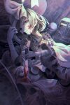  1girl absurdres black_hat blood blood_on_face blood_on_knife bow buttons commentary_request diamond_button doll eyeball gagaku_kawa_rei green_eyes green_hair green_skirt hat hat_bow highres holding holding_phone japanese_urban_legends knife koishi_day komeiji_koishi long_sleeves looking_at_viewer mary-san payphone phone shirt skirt solo third_eye touhou wide_sleeves yellow_bow yellow_shirt 