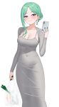  1girl 4kebidayo black_nails breasts cellphone cleavage collarbone covered_navel dongtan_dress dress earrings green_hair grey_dress groceries highres holding holding_phone jewelry mole mole_on_breast phone piercing purple_eyes simple_background single_earring smartphone smile tight_clothes tight_dress virtual_youtuber vspo! white_background yakumo_beni 