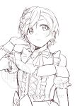  1girl absurdres bare_shoulders butterfly_hair_ornament closed_mouth commentary_request cross-laced_clothes cross-laced_dress dress frown greyscale hair_ornament hand_on_own_ear highres hoshizora_rin inazuma_(elect_line) long_hair love_live! love_live!_school_idol_project monochrome neck_ribbon off-shoulder_dress off_shoulder ribbon simple_background solo twitter_username u's_&amp;_aqours_special_collaboration upper_body watermark white_background 