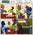 absurd_res ada_(gem_hunters) anthro asinus baristagamerproductions bethesda_game_studios blind canid canine cochlear_implant_processor comic curly_hair deaf desk disability donkey english_text equid equine eyewear female fireplace furniture hair hi_res male mammal microsoft nude_male queenie_(gem_hunters) reclining_pose reptile scalie simple_background skyrim snake sunglasses table text the_elder_scrolls