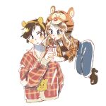  1boy 1girl :o animal_costume animal_ears animal_print black_shoes blonde_hair blue_eyes blue_pants blush_stickers brown_hair cocoa_681 commentary_request cosplay cup disposable_cup drinking fake_animal_ears hand_on_another's_shoulder highres holding holding_cup long_hair lum moroboshi_ataru orange_eyes pants pooh pooh_(cosplay) shoes tiger_costume tiger_print tigger tigger_(cosplay) urusei_yatsura winnie_the_pooh 