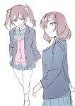  2girls absurdres blazer blue_jacket blue_skirt bow bowtie brown_hair cardigan closed_mouth collared_shirt commentary_request cowboy_shot double-parted_bangs frown full_body green_bow green_bowtie grin hair_between_eyes hair_bow highres inazuma_(elect_line) jacket love_live! love_live!_school_idol_project medium_hair miniskirt multiple_girls nishikino_maki open_clothes open_jacket otonokizaka_school_uniform pink_cardigan pleated_skirt purple_eyes red_eyes school_uniform shirt simple_background skirt smile twintails walking white_background white_shirt yazawa_nico 