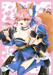  3girls ;d absurdres animal_ear_fluff animal_ears artist_request black_bodysuit blue_kimono blue_legwear blue_ribbon blush bodysuit breasts cat_paws chibi cleavage collarbone commentary commentary_request double_fox_shadow_puppet extra_ears eyebrows_visible_through_hair fang fate/extella fate/extra fate/extra_ccc fate/grand_order fate_(series) fox_ears fox_girl fox_shadow_puppet fox_tail glasses gloves grey-framed_eyewear hair_ribbon heart heart_background highres japanese_clothes kimono large_breasts multiple_girls multiple_persona one_eye_closed open_mouth paw_gloves paws pink_hair pink_ribbon ponytail red_ribbon ribbon side_ponytail smile tail tamamo_(assassin)_(fate) tamamo_(fate)_(all) tamamo_cat_(fate) tamamo_no_mae_(fate) white-framed_eyewear yellow_eyes 