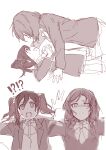  !? 2girls absurdres blazer bow bowtie collared_shirt commentary_request frown girl_on_top greyscale highres inazuma_(elect_line) jacket looking_at_another love_live! love_live!_school_idol_project lying medium_hair monochrome multiple_girls multiple_views nishikino_maki on_back open_clothes open_jacket open_mouth otonokizaka_school_uniform pleated_skirt school_uniform shirt skirt sweatdrop twintails winter_uniform yazawa_nico yukadon yuri 