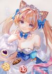  1girl absurdres blush bow bowtie breasts cleavage commentary_request cookie dress food gwen_(league_of_legends) hair_bow highres large_breasts league_of_legends long_hair looking_at_viewer maid_headdress multicolored_hair nail_polish pink_hair pink_nails simple_background smile solo sparkle sparkling_eyes twintails white_background white_dress yuma_(yuma880905) 