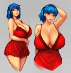  1girl arm_on_head arm_under_breasts arm_up armpits babydoll bangs bare_shoulders blue_hair breasts cleavage collarbone dress english_commentary errorkazoo frills grey_background highres huge_breasts lace looking_at_viewer medium_hair original parted_lips ponytail red_dress red_eyes sidelocks standing thighs 