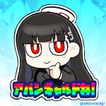  a-kiraa_(whisper) artist_name black_hair black_halo blue_archive blue_background commentary_request hair_ornament halo long_hair looking_at_viewer meme millennium_science_school_logo red_eyes red_halo rio_(blue_archive) simple_background smile suit v 