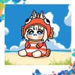  1girl :i ahoge alicemuyuki animal_ear_fluff animal_ears barefoot beach blonde_hair blue_eyes blue_streaks blush_stickers bright_pupils cat_ears chibi chibi_only commentary ears_through_headwear english_commentary fins fish_costume fish_hood fish_tail full_body highres indie_virtual_youtuber multicolored_hair official_alternate_costume raised_eyebrows sameko_saba sameko_saba_(roommate) sitting solo streaked_hair striped_clothes tail virtual_youtuber white_pupils 