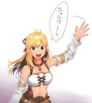  1girl :d bare_shoulders blonde_hair breasts choker detached_sleeves eyebrows_visible_through_hair fiorun from_above hair_ornament long_hair looking_at_viewer medium_breasts natto_soup open_mouth smile tan translation_request upper_body waving white_background xenoblade_(series) xenoblade_1 