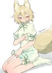  1girl absurdres animal_ears blonde_hair chinese_commentary commentary_request fox_ears fox_girl fox_tail green_ribbon green_romper green_socks hair_between_eyes highres kudamaki_tsukasa littiecy looking_at_viewer medium_hair neck_ribbon open_mouth ribbon romper seiza sitting sleeve_ribbon smile socks solo tail touhou yellow_eyes 