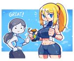  2girls :&gt; :&lt; abs ass bike_shorts blonde_hair blue_background blue_eyes blue_shorts blush_stickers bottle closed_mouth commentary cowboy_shot crop_top crossover english_commentary eyebrows_visible_through_hair grey_hair hair_between_eyes hand_up highres holding long_hair looking_at_viewer metroid midriff multiple_girls open_mouth outline ponytail rariatto_(ganguri) samus_aran shorts smile sparkle standing sweat thumbs_up water_bottle white_outline white_skin wii_fit wii_fit_trainer 