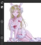  1girl animal_ears arashiyama_(arashi_iiiiii) art_program_in_frame bang_dream! bang_dream!_it's_mygo!!!!! breasts cleavage commentary crop_top fake_animal_ears garter_straps green_hair long_hair looking_at_viewer navel open_mouth simple_background small_breasts solo thighhighs untranslatable_commentary wakaba_mutsumi white_background white_thighhighs white_wrist_cuffs wrist_cuffs yellow_eyes 