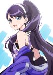  1girl :d alternate_hairstyle bangs blue_eyes clothes_down eyebrows_visible_through_hair floating_hair hair_between_eyes hairband heartcatch_precure! high_ponytail jacket long_hair open_mouth precure purple_hair purple_jacket shiny shiny_hair smile solo swept_bangs track_jacket tsukikage_oyama tsukikage_yuri very_long_hair white_background white_hairband 