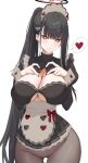  1girl alternate_costume apron black_hair black_halo black_pantyhose blue_archive blush breasts bright_pupils cleavage hair_ornament hairclip halo heart heart_hands highres kakumayu large_breasts long_hair looking_at_viewer maid maid_apron maid_headdress pantyhose ponytail red_eyes rio_(blue_archive) simple_background solo spoken_heart very_long_hair white_background white_pupils 