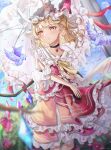  1girl absurdres adapted_costume animal bird black_choker blonde_hair bloom choker chromatic_aberration collarbone commentary_request crystal day feet_out_of_frame flandre_scarlet floating_hair flower gagaku_kawa_rei hat highres holding holding_umbrella light_blush long_hair looking_to_the_side mob_cap outdoors parted_lips pointy_ears purple_flower red_flower red_skirt red_vest skirt skirt_set solo teeth touhou umbrella vest wings 