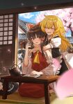  3girls absurdres apron ascot back_bow black_hat black_vest blonde_hair blue_sky blush bow braid brown_eyes brown_hair camera cherry_blossoms chinese_commentary cloud commentary_request cup day detached_sleeves falling_petals frilled_bow frilled_hair_tubes frills hair_bow hair_tubes hakurei_reimu hat highres holding holding_camera holding_cup hug hug_from_behind kirisame_marisa long_hair missing_headwear multiple_girls open_mouth petals pink_petals pom_pom_(clothes) puffy_short_sleeves puffy_sleeves red_bow red_skirt ribbon-trimmed_sleeves ribbon_trim shameimaru_aya short_sleeves side_braid single_braid sitting skirt skirt_set sky smile table taking_picture tatami teapot touhou translation_request tree unworn_headwear vest waist_apron white_bow witch_hat wu_ben_shi_hu yellow_ascot yunomi yuri 