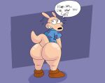anthro big_butt bodily_fluids bottomless brappycatty bubble_butt butt clothed clothing dialogue english_text footwear fur hi_res huge_butt looking_at_viewer looking_back looking_back_at_viewer macropod male mammal marsupial nickelodeon raised_tail rear_view rocko's_modern_life rocko_rama shirt shoes smile solo speech_bubble sunniefunnie sweat sweatdrop tail tan_body tan_fur teeth text topwear wallaby