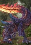  absurdres blue_scales claws colored_sclera digitigrade dinosaur forest full_body glavenus glowing_mouth glowing_tail green_sclera highres horns monster monster_focus monster_hunter_(series) monster_hunter_x nature no_humans nutuki open_mouth red_scales sharp_tail sharp_teeth spikes spines tail teeth tree 