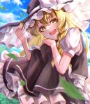  1girl apron black_vest blonde_hair blue_sky bow braid cloud commentary_request day falling_leaves frilled_skirt frills gagaku_kawa_rei hat hat_bow highres kirisame_marisa leaf long_hair marisa_day open_mouth puffy_short_sleeves puffy_sleeves short_sleeves side_braid single_braid skirt sky smile solo touhou vest waist_apron white_bow witch_hat yellow_eyes 