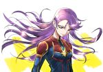  1girl blue_bodysuit bodysuit captain_marvel captain_marvel_(cosplay) closed_mouth cosplay floating_hair hair_between_eyes heartcatch_precure! long_hair precure purple_hair shiny shiny_hair solo tsukikage_oyama tsukikage_yuri upper_body very_long_hair white_background 