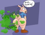anthro big_butt blush bodily_fluids bottomless brappycatty bubble_butt butt clothed clothing dialogue embarrassed english_text fart fart_cloud footwear fur hi_res huge_butt looking_at_viewer looking_back looking_back_at_viewer macropod male mammal marsupial nickelodeon raised_tail rear_view rocko's_modern_life rocko_rama shirt shoes smile solo sound_effects speech_bubble sunniefunnie sweat sweatdrop tail tan_body tan_fur teeth text topwear wallaby