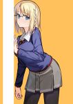  1girl absurdres black_pantyhose blonde_hair blue_eyes blue_sweater braid breasts collared_shirt commentary_request cowboy_shot fate/strange_fake fate_(series) glasses grey_skirt highres kuki1628 long_sleeves looking_at_viewer looking_to_the_side medium_breasts medium_hair miniskirt neck_ribbon pantyhose red_ribbon ribbon sajou_ayaka_(fate/strange_fake) shirt skirt solo sweater white_shirt yellow_background 