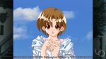  1girl 2000s_(style) anime_coloring atelier-moo blush breasts brown_eyes brown_hair collarbone embarrassed game_cg hands_up hood hoodie large_variant_set long_sleeves medium_breasts non-web_source official_art open_mouth parted_hair patty_sole pink_tank_top short_hair sky solo standing tank_top upper_body variant_set yuukyuu_gensoukyoku 