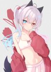  1girl ahoge animal_ears blue_eyes blue_hair bra breasts closed_mouth collarbone commentary diamond-shaped_pupils diamond_(shape) gradient_hair grey_background hair_bobbles hair_ornament hand_up heterochromia highres jacket jacket_partially_removed long_hair looking_at_viewer midriff multicolored_hair navel open_clothes open_jacket original pink_bra pink_skirt red_eyes red_jacket rocksnotrock single_bare_shoulder skirt small_breasts solo symbol-shaped_pupils tail twintails underwear untranslatable_commentary white_hair 