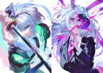  2girls animal_ears apple black_hairband black_jacket blazer breasts commentary_request food fruit green_eyes green_skirt green_vest grey_hair hairband highres hitodama holding holding_sword holding_weapon jacket katana konpaku_youmu konpaku_youmu_(ghost) long_hair looking_at_viewer medium_breasts multiple_girls necktie pink_skirt puffy_short_sleeves puffy_sleeves purple_eyes purple_hair purple_necktie rabbit_ears rabbit_girl rabbit_tail reisen_udongein_inaba shirt short_sleeves skirt sword tail touhou u_u_zan vest weapon white_shirt 