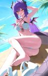  1girl absurdres arm_behind_head arm_up armpits ass bare_arms bare_shoulders barefoot beach bikini breasts cleavage commentary criss-cross_halter dragon_horns dragon_tail feet front-tie_bikini_top front-tie_top halterneck highres horns large_breasts long_hair looking_at_viewer mini_wings multi-strapped_bikini_bottom navel open_mouth outdoors ponytail poppo_myupunk98 purple_hair sakihane_huya sandals sitting skindentation solo spaghetti_strap stellive stomach string_bikini swimsuit tail thighs toes unworn_sandals very_long_hair virtual_youtuber wet white_bikini wings yellow_eyes yokozuwari 