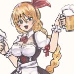  1girl :d apron aqua_eyes beer_mug black_dress blonde_hair blush braid braided_ponytail breasts cleavage commentary_request cowboy_shot cup detached_collar dirndl dress dual_wielding eyelashes eyes_visible_through_hair frilled_wrist_cuffs frills german_clothes hair_between_eyes hair_ribbon hairband hands_up happy heaven_burns_red holding holding_cup kanzaki_adelheid kanzaki_adelheid_(maedchen's_downtime) large_breasts long_hair looking_at_viewer mug neck_ribbon official_alternate_costume official_alternate_hairstyle open_mouth puffy_short_sleeves puffy_sleeves red_hairband red_ribbon ribbon short_sleeves simple_background siromochino sleeve_ribbon smile solo sparkle teeth upper_teeth_only very_long_hair waist_apron white_apron white_background wrist_cuffs 
