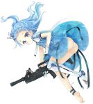  1girl absurdres ads_(girls_frontline) ads_assault_rifle ass barefoot blue_dress blue_eyes blue_flower blue_hair blush closed_mouth commentary dress facial_mark floating_hair flower forehead forehead_mark full_body girls_frontline gloves gun highres holding holding_gun holding_weapon long_hair looking_at_viewer no_shoes object_namesake panties ponytail puffy_short_sleeves puffy_sleeves see-through short_sleeves simple_background single_thighhigh soles solo thighhighs tsukiyo_(skymint) underwear weapon white_background white_gloves white_legwear white_panties 