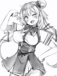  1girl :d akai_haato blush breasts cowboy_shot greyscale hair_ornament hand_on_hip head_tilt heart heart_hair_ornament high-waist_skirt highres hololive large_breasts long_hair looking_at_viewer monochrome nanashi_(nlo74593630) one_eye_closed one_side_up open_mouth short_sleeves skirt smile solo white_background 