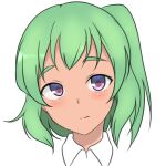  1girl 9rimson choppy_bangs closed_mouth commentary_request cropped_head dark-skinned_female dark_skin green_hair looking_at_viewer one_side_up original purple_eyes short_hair simple_background solo white_background 