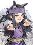  1girl ainu ainu_clothes animal_ears asirpa bandana black_hair blue_eyes blush cape earrings fur_cape golden_kamuy highres hoop_earrings jewelry kemo_nya kemonomimi_mode long_hair looking_at_viewer open_mouth paw_pose simple_background smile solo upper_body white_background wolf_ears wolf_girl 