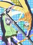  2girls arm_up blonde_hair brown_eyes commentary_request drawstring drop_shadow erejhbw7ttmogau green_jacket green_skirt green_socks highres holding holding_staff holding_wand hood hood_down huang_pao-lin jacket lara_tchaikoskaya long_sleeves multiple_girls open_mouth orange_jacket pants purple_eyes purple_hair short_hair skirt socks staff tiger_&amp;_bunny very_short_hair wand yellow_pants 