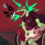 absurd_res anfitrionaaa anthro artist_name baryonyx black_clothing black_shirt black_topwear bottomwear cavemanon_studios clothed clothed_anthro clothed_female clothing colored dinosaur disability electric_guitar female fingers front_view green_body green_hair grey_eyes guitar hair hi_res humanoid_hands i_wani_hug_that_gator musical_instrument olivia_halford open_mouth paraplegic playing_guitar playing_music plucked_string_instrument prehistoric_species purple_bottomwear purple_clothing purple_shorts red_background reptile saurischian scalie shaded sharp_teeth shirt short_hair shorts simple_background singing sitting solo spinosaurid string_instrument teeth text theropod topwear vehicle wheelchair yelling yellow_sclera