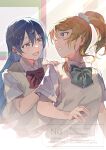  2girls absurdres ayase_eli blonde_hair blue_eyes blue_hair bow collared_shirt commentary_request eye_contact green_bow hair_bow hand_on_another's_shoulder high_ponytail highres inazuma_(elect_line) light_blush long_hair looking_at_another love_live! love_live!_school_idol_project multiple_girls open_mouth otonokizaka_school_uniform ponytail red_bow school_uniform shirt short_sleeves simple_background smile sonoda_umi summer_uniform sweater teeth watermark white_shirt yellow_eyes yuri 
