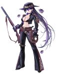  1girl 1other absurdres arisa_(charon_universe) bell-bottoms belt bikini black_bikini black_choker black_gloves black_hat black_jacket black_pants black_shoes bullet charon_universe choker collarbone cowboy_hat cropped_jacket ear_piercing eruthu gloves gun hat high_heels highres holding holding_gun holding_weapon jacket leather leather_jacket leather_pants linea_alba long_hair multicolored_hair narrow_waist navel pants piercing purple_eyes purple_hair shoes shotgun simple_background swimsuit thigh_belt thigh_strap tight_clothes tight_pants very_long_hair weapon whip white_background 