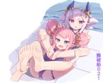  2girls absurdres ahoge bare_arms bare_legs bare_shoulders barefoot blue_eyes blue_one-piece_swimsuit chinese_text commentary_request cone_hair_bun double_bun fang feet foot_focus freya_(roco_kingdom:_world) full_body hair_bun hair_ornament highres horns krithia_(roco_kingdom:_world) legs long_hair looking_at_viewer lying multiple_girls on_back one-piece_swimsuit open_mouth pink_hair pointy_ears pool poolside purple_eyes purple_hair roco_kingdom:_world school_swimsuit sidelocks soles star_(symbol) star_hair_ornament swimsuit taichi_suzuki thigh_strap toes water 