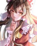  1girl ascot bow brown_hair commentary_request detached_sleeves frilled_bow frilled_hair_tubes frills gagaku_kawa_rei hair_bow hair_tubes hakurei_reimu highres long_hair looking_at_viewer open_mouth red_bow red_eyes red_skirt ribbon-trimmed_sleeves ribbon_trim skirt skirt_set solo touhou yellow_ascot 