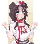  1girl animal_collar animal_ears artist_request bibi_biscuit black_hair blue_eyes bow breasts cleavage clothing_cutout collar dog_ears dog_girl frilled_hairband frilled_wrist_cuffs frills hair_bow hairband heart_cutout highres large_breasts leash long_hair multicolored_hair open_mouth phase_connect phase_saga red_bow red_collar solo streaked_hair virtual_youtuber white_hair wrist_cuffs 