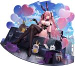  1girl animal_ear_hairband animal_ears artist_request balloon black_collar black_gloves black_hat black_ribbon black_shoes blue_eyes breasts card cleavage cloud collapsar_(daiblos_core) collar crossed_legs daiblos_core detached_collar dice_hair_ornament fake_animal_ears gloves hair_ornament hair_ribbon hairband hat heart_balloon high_heels highres holding holding_card long_hair necktie pink_hair playing_card purple_necktie rabbit_ear_hairband rabbit_ears ribbon shoes short_necktie sky smile speaker tail thighhighs top_hat unworn_hat unworn_headwear wand 