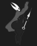 2026 anthro arthropod big_breasts big_butt black_body breasts bubble_butt butt cloak clothing digital_drawing_(artwork) digital_media_(artwork) female full-length_portrait glistening glistening_butt hi_res holding_object holding_weapon hollow_knight_(franchise) horn hornet_(hollow_knight) huge_breasts huge_butt monochrome nerobero0 portrait side_boob side_view small_waist solo team_cherry thick_thighs weapon white_body